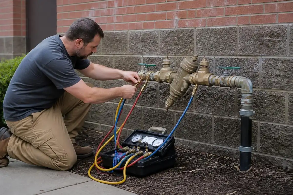 Technician testing a reduced-pressure backflow assembly, backflow testing in Atlanta, GA