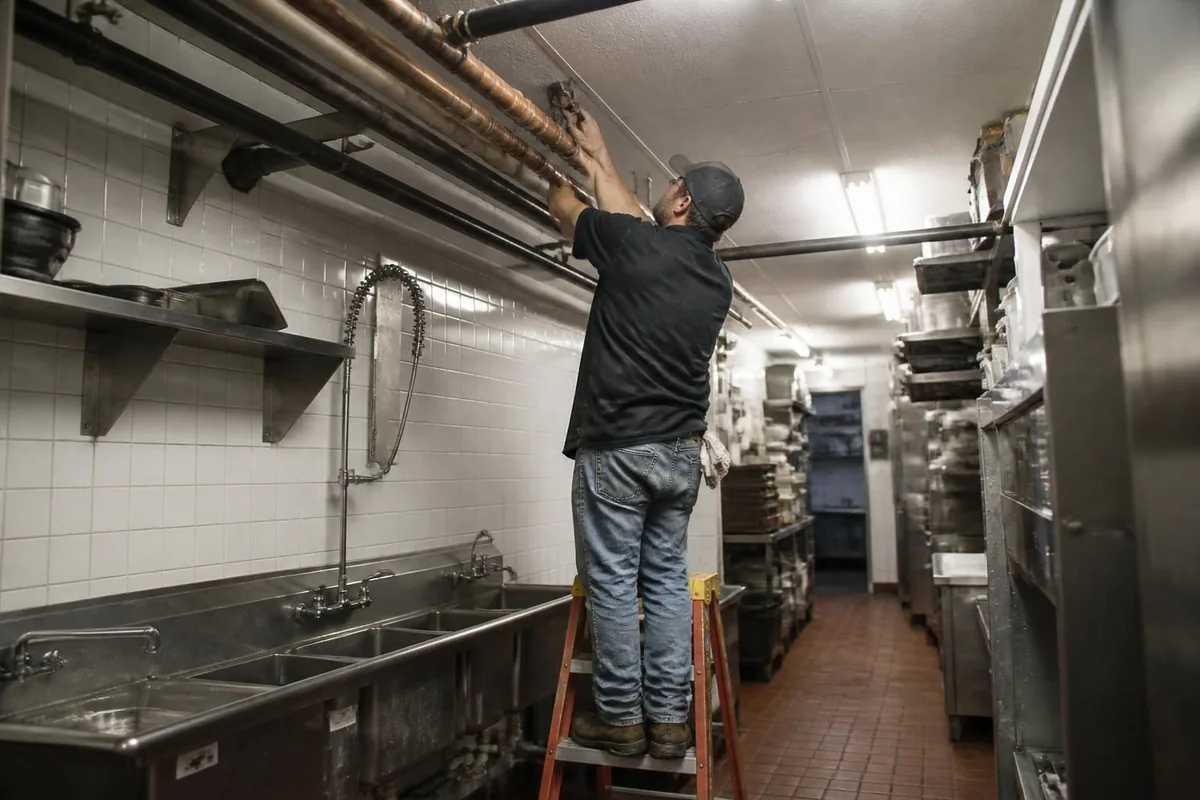 Plumber working on overhead piping in a restaurant back corridor, commercial plumbing in Atlanta, GA