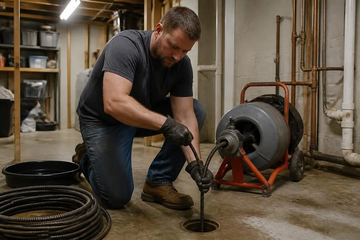 Plumber running a drain machine cable into a floor cleanout, drain cleaning in Atlanta, GA