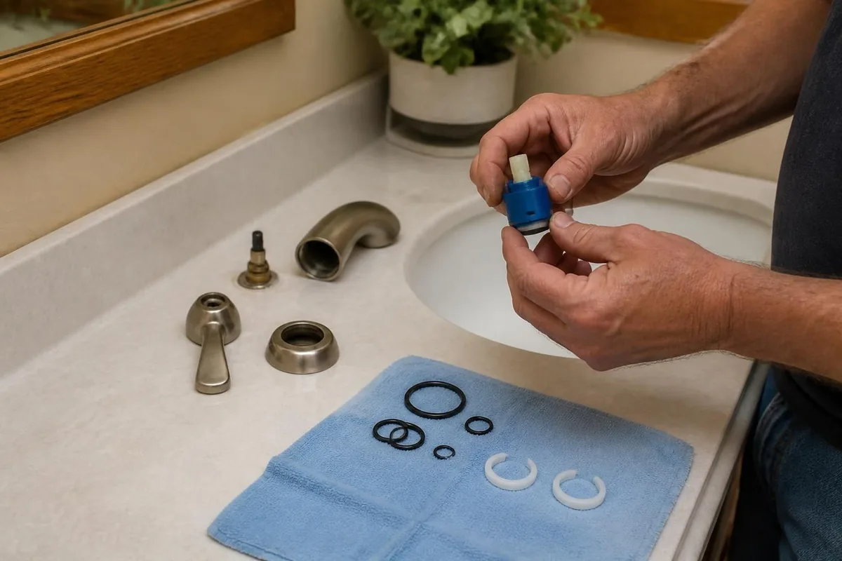 Single-handle bathroom faucet taken apart with a new cartridge, faucet repair in Atlanta, GA