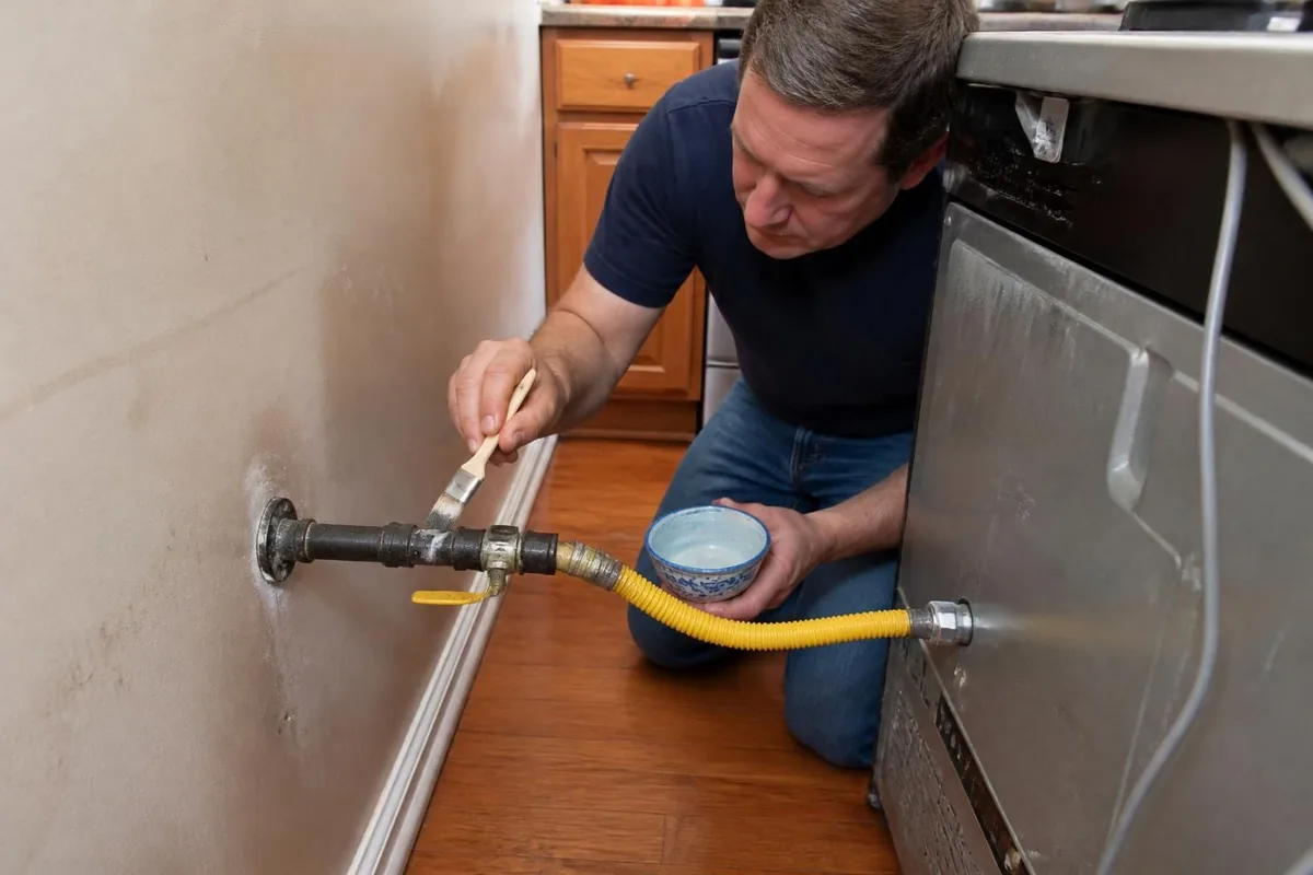 Plumber leak-testing a black iron gas fitting behind a range, gas line services in Duluth, GA