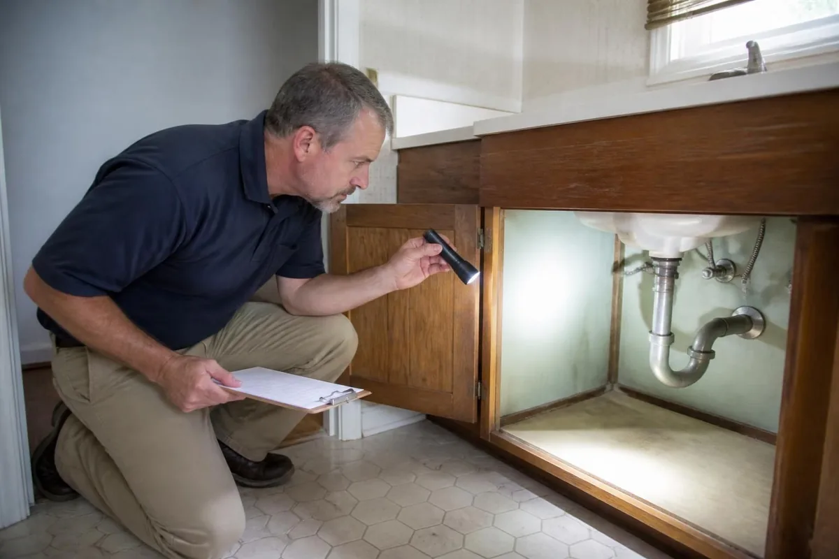 Inspector examining supply and drain pipes under a sink, plumbing inspection in Atlanta, GA