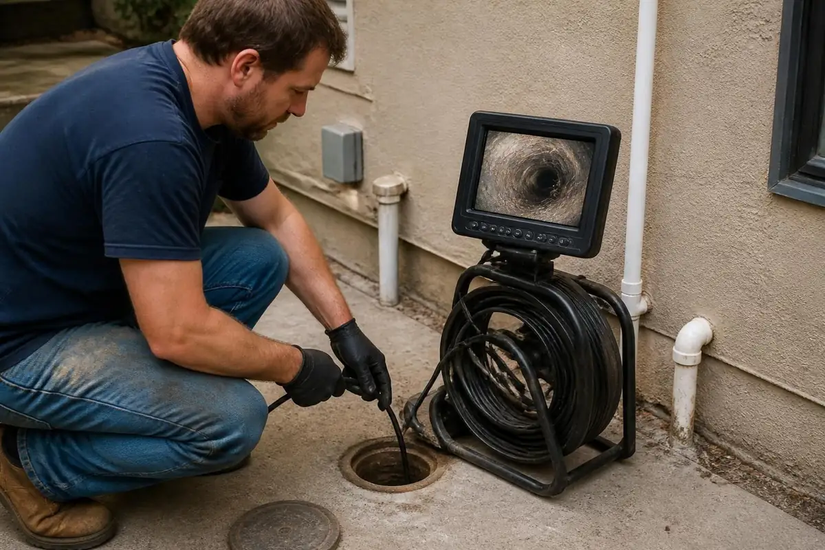 Plumber running a sewer camera with a monitor showing root intrusion, sewer camera inspection in Atlanta, GA