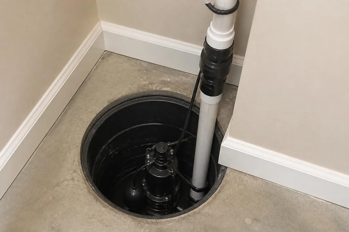 New submersible sump pump in a basement sump basin, sump pumps in Atlanta, GA