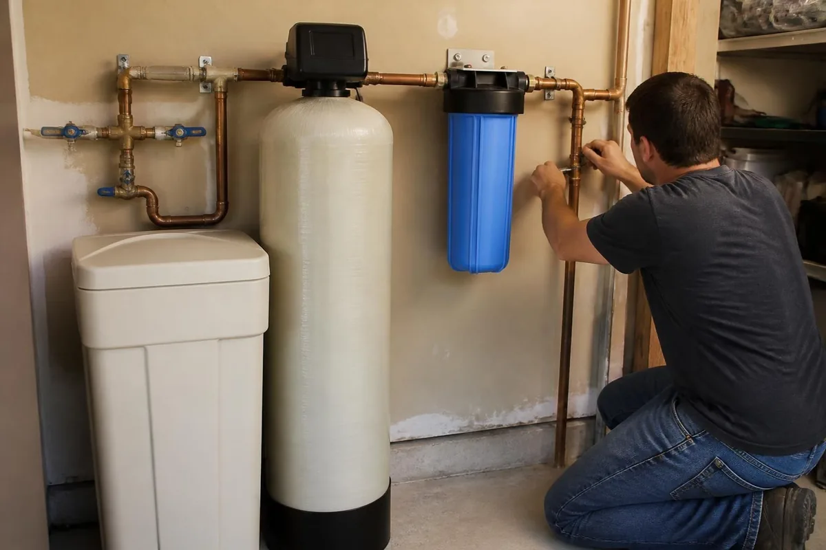 Water softener and brine tank beside a whole-house filter, water softeners & filtration in Atlanta, GA