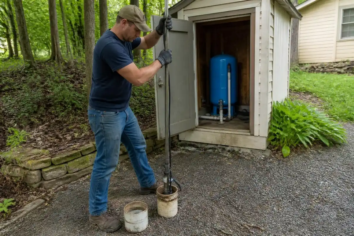 Worker pulling a well pump drop pipe from a well head, well pump repair in Atlanta, GA